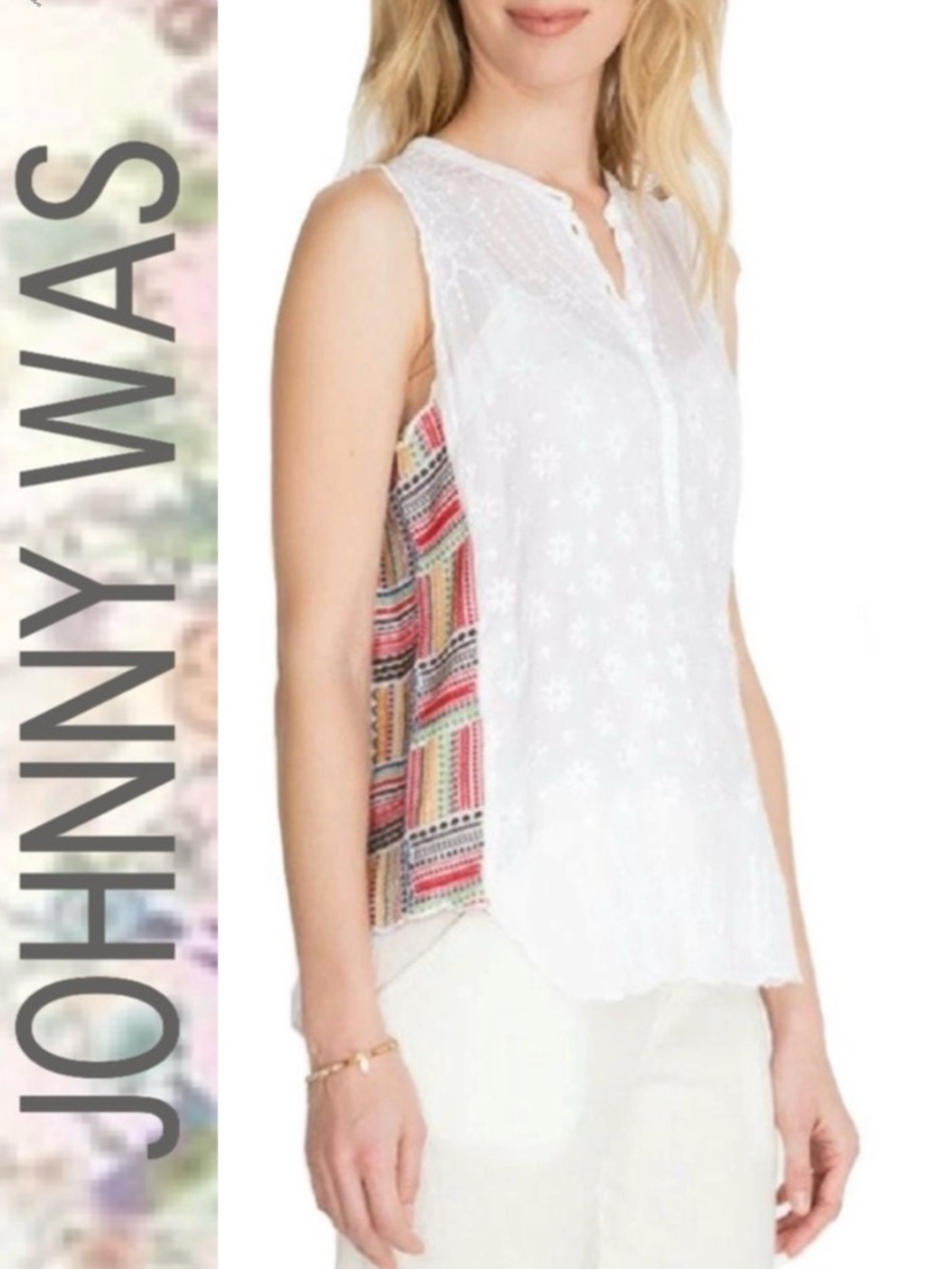 Womens Johnny‎ Was White Turia Tank Top Multi Color Buttons Embroidery Large
